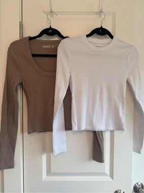 Abercrombie & Fitch Two-Pack Long Sleeve Tops in White and Taupe